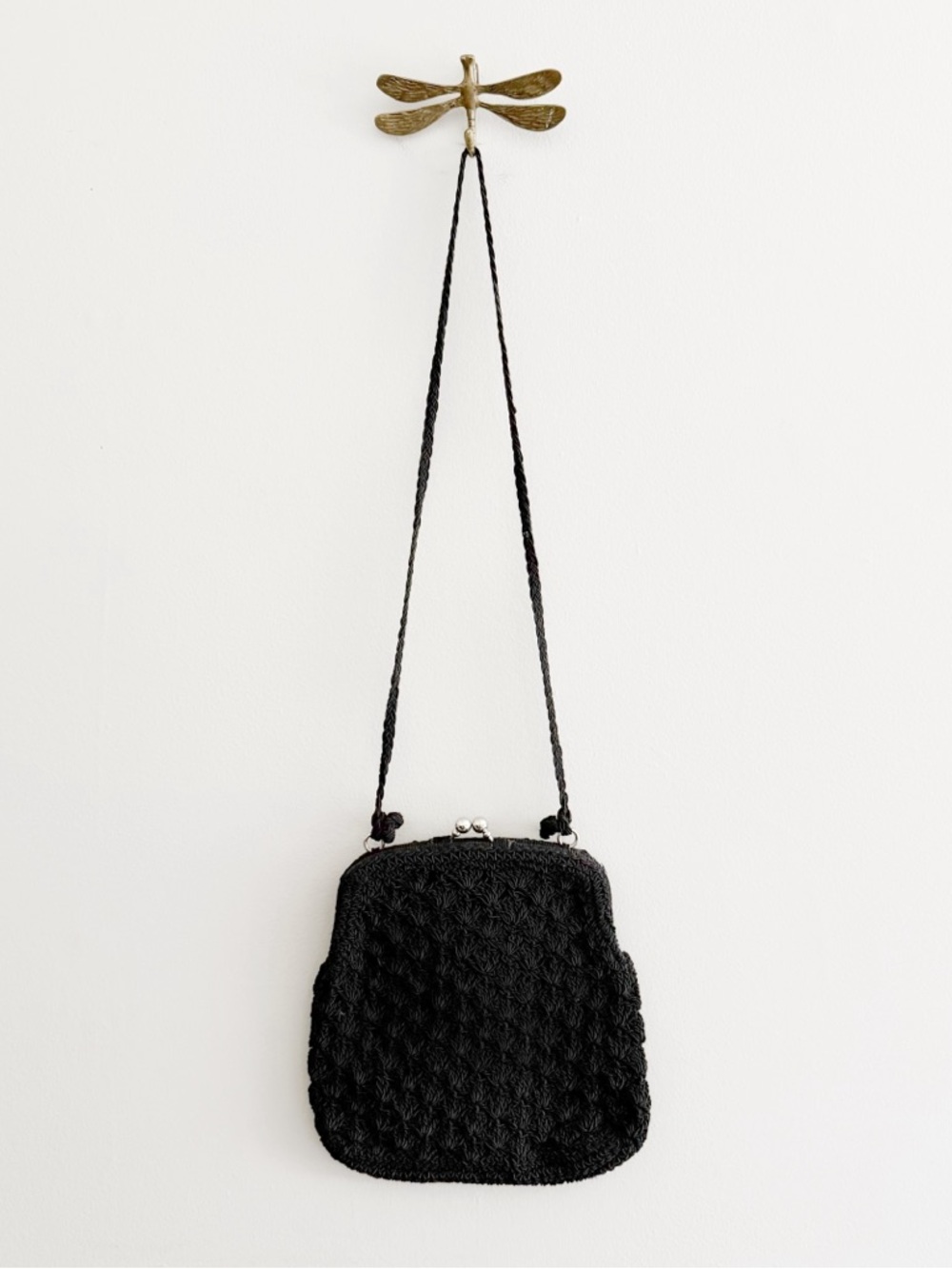 Vintage Black Woven Crochet Kiss-lock Crossbody Bag
